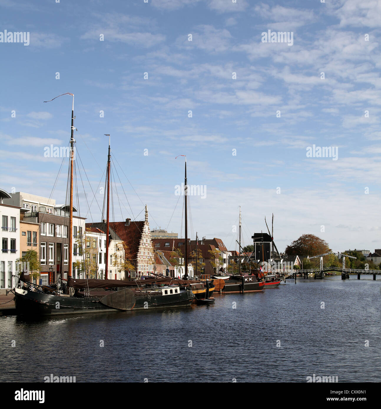 A view on the city Leiden in Holland,galgewater,boats. Stock Photo
