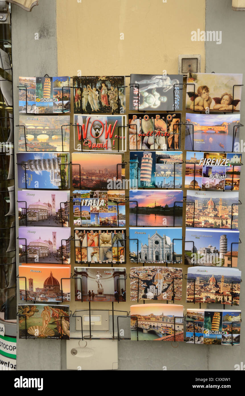 Picture postcards outside a shop in Florence, Italy Stock Photo