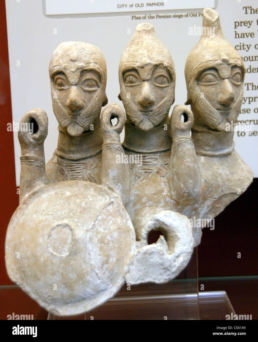 Terracotta figure of threebodied warrior. Made in Cyprus. 7th century