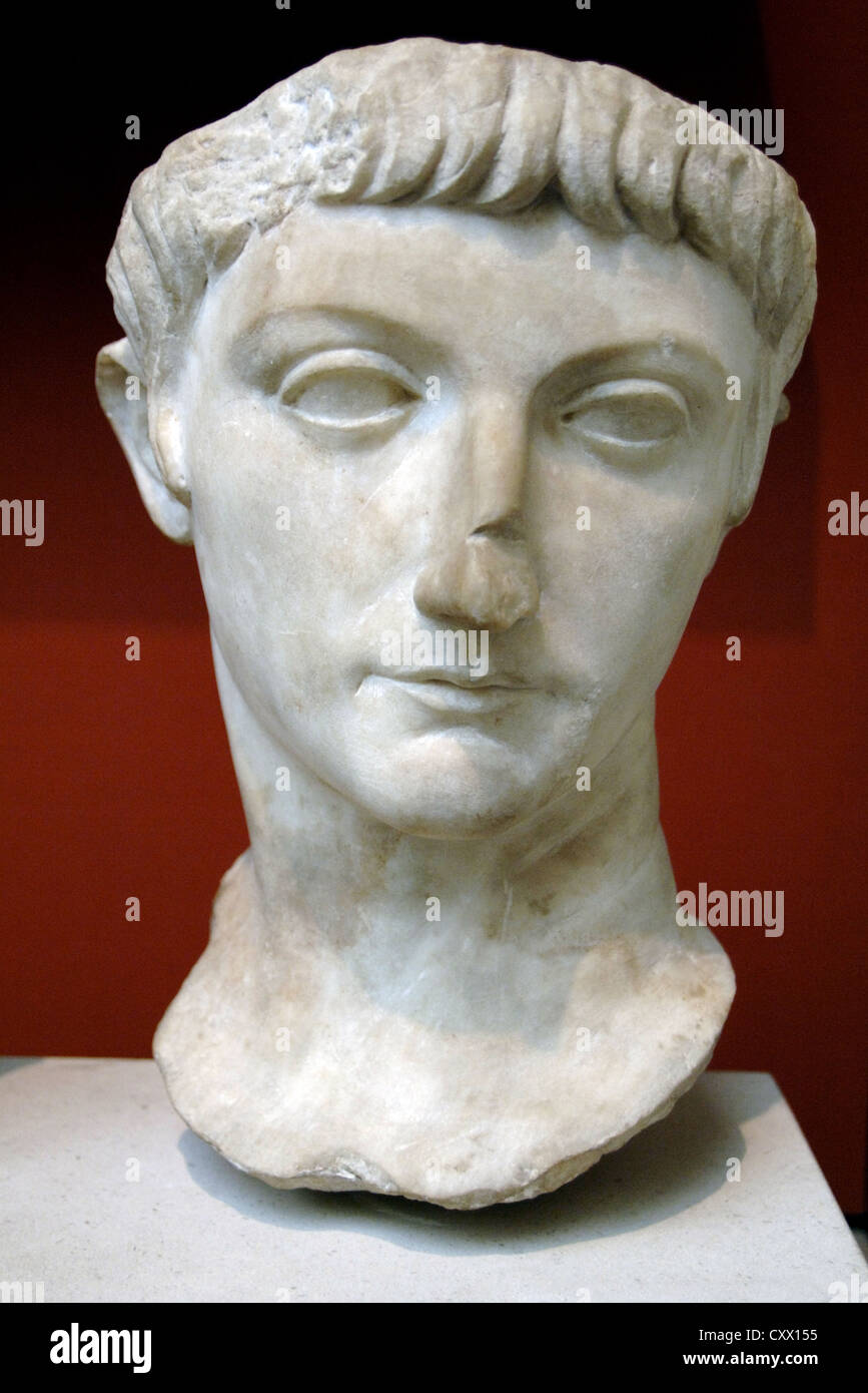 Portrait head from a statue of a prince of the Julio-Claudian dynasty, perhaps the younger Drusus. Marble. Stock Photo