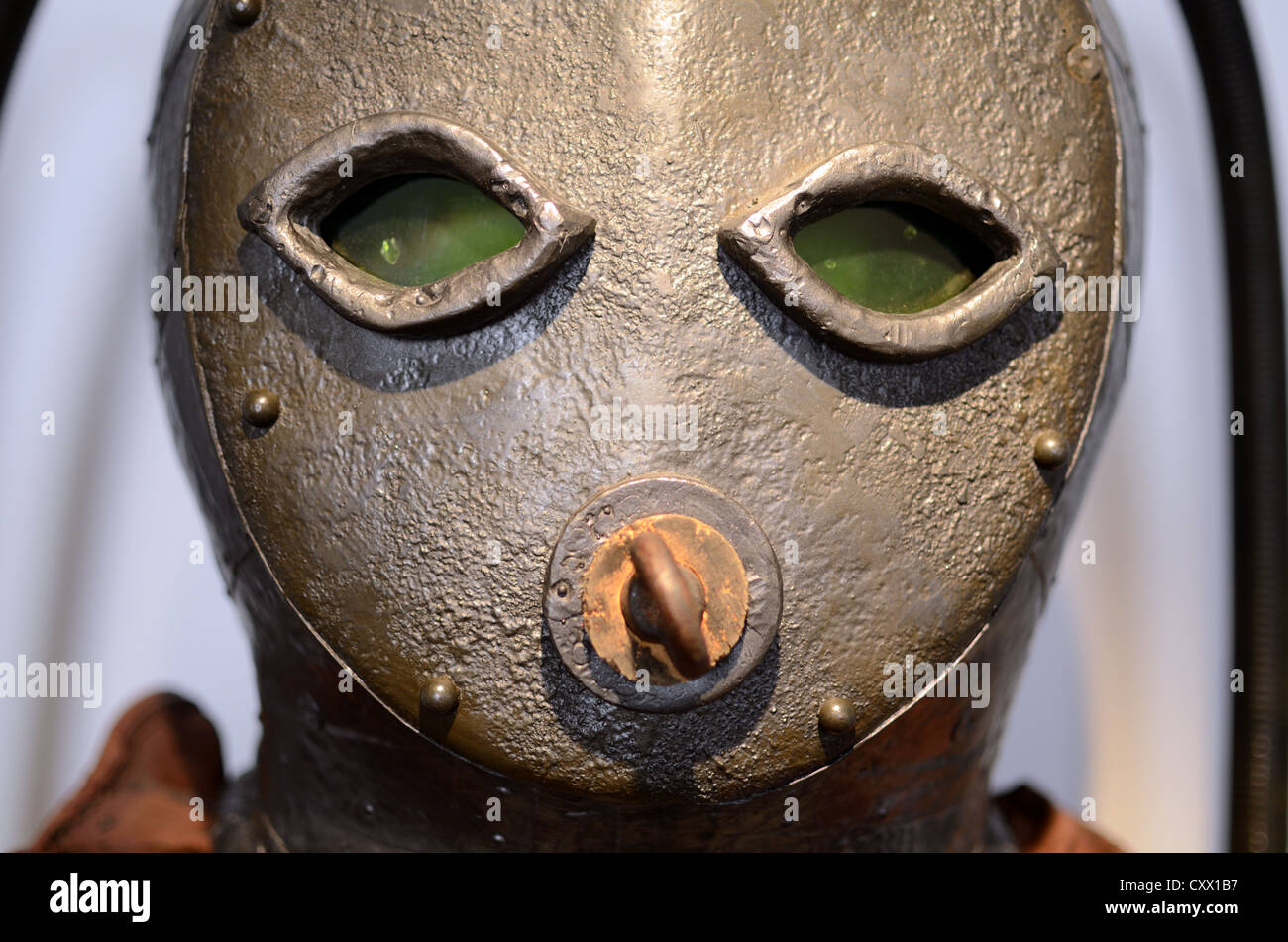 Face Mask Detail of First Dive Suit or Early Diving Equipment and Mask the 'Scaphandre' (1775) Reconstruction Stock Photo