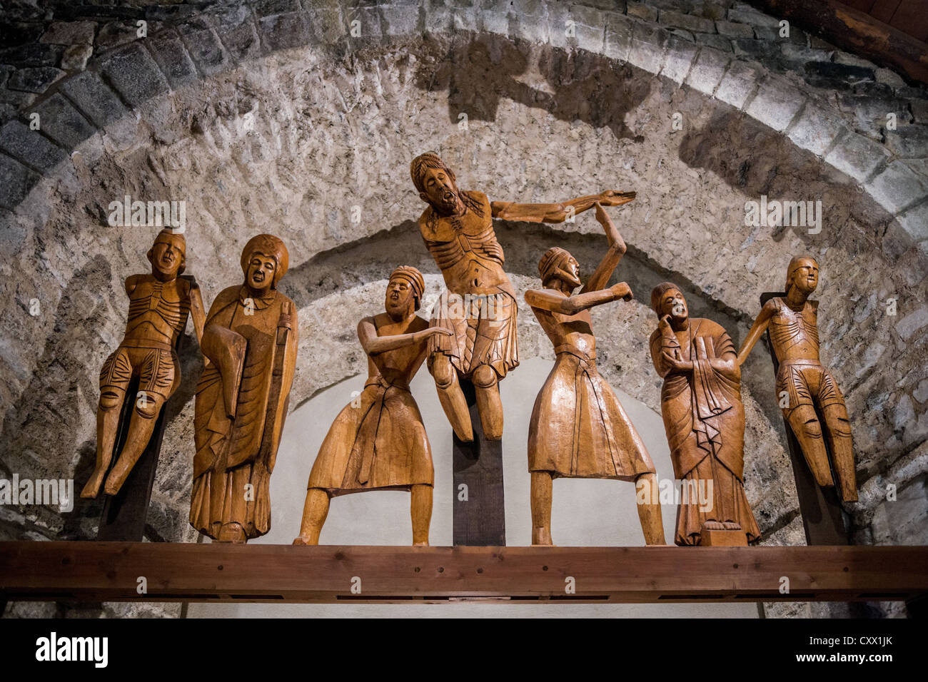 Replica of 12th century sculpture depicting Descent from the Cross. Santa Eulàlia church in Erill la Vall, Vall de Boí, Spain. Stock Photo