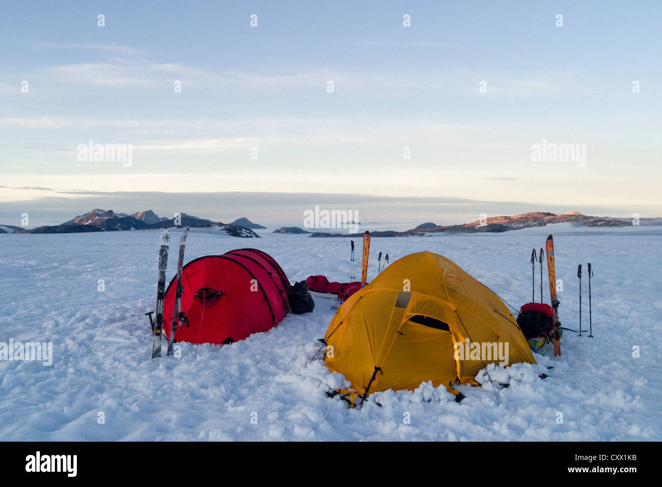 Expeditions tents on a polar journey west of Kulusuk, Greenland Stock Photo