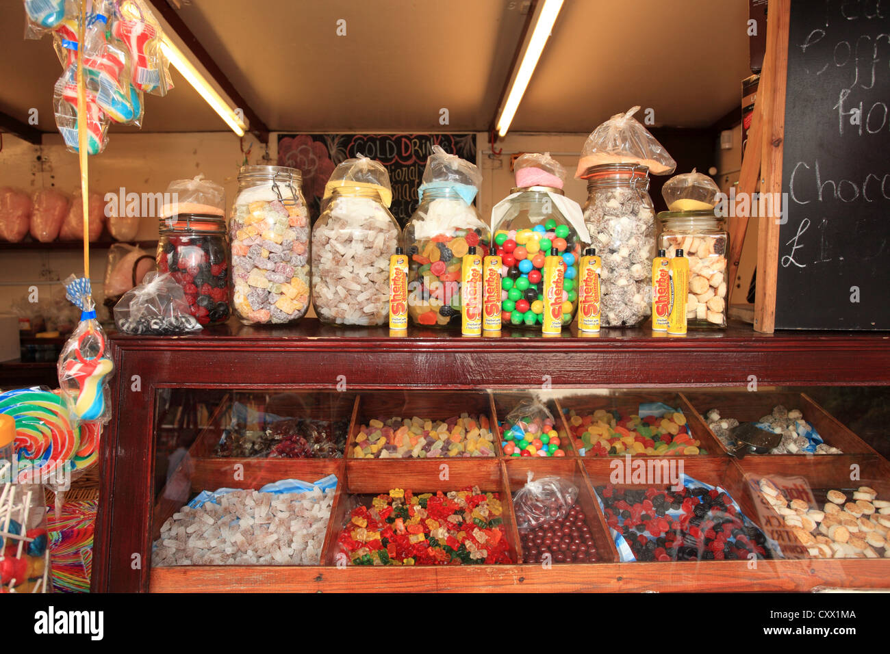 Jars of sweets on sale in a traditional old fashioned way. Stock Photo