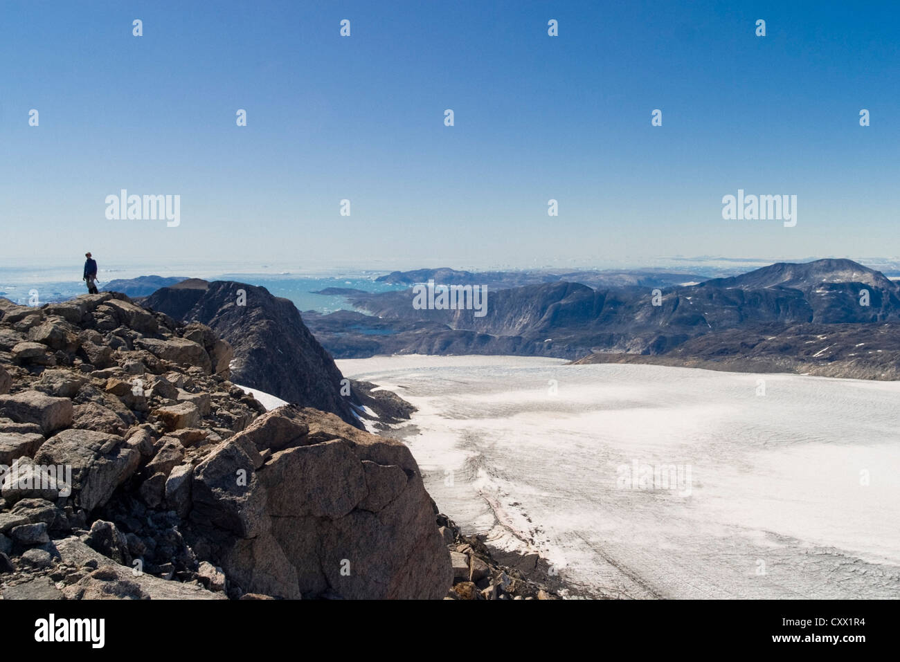 Glaciated terrain on a ski-mountaineering ascent in south-east Greenland Stock Photo