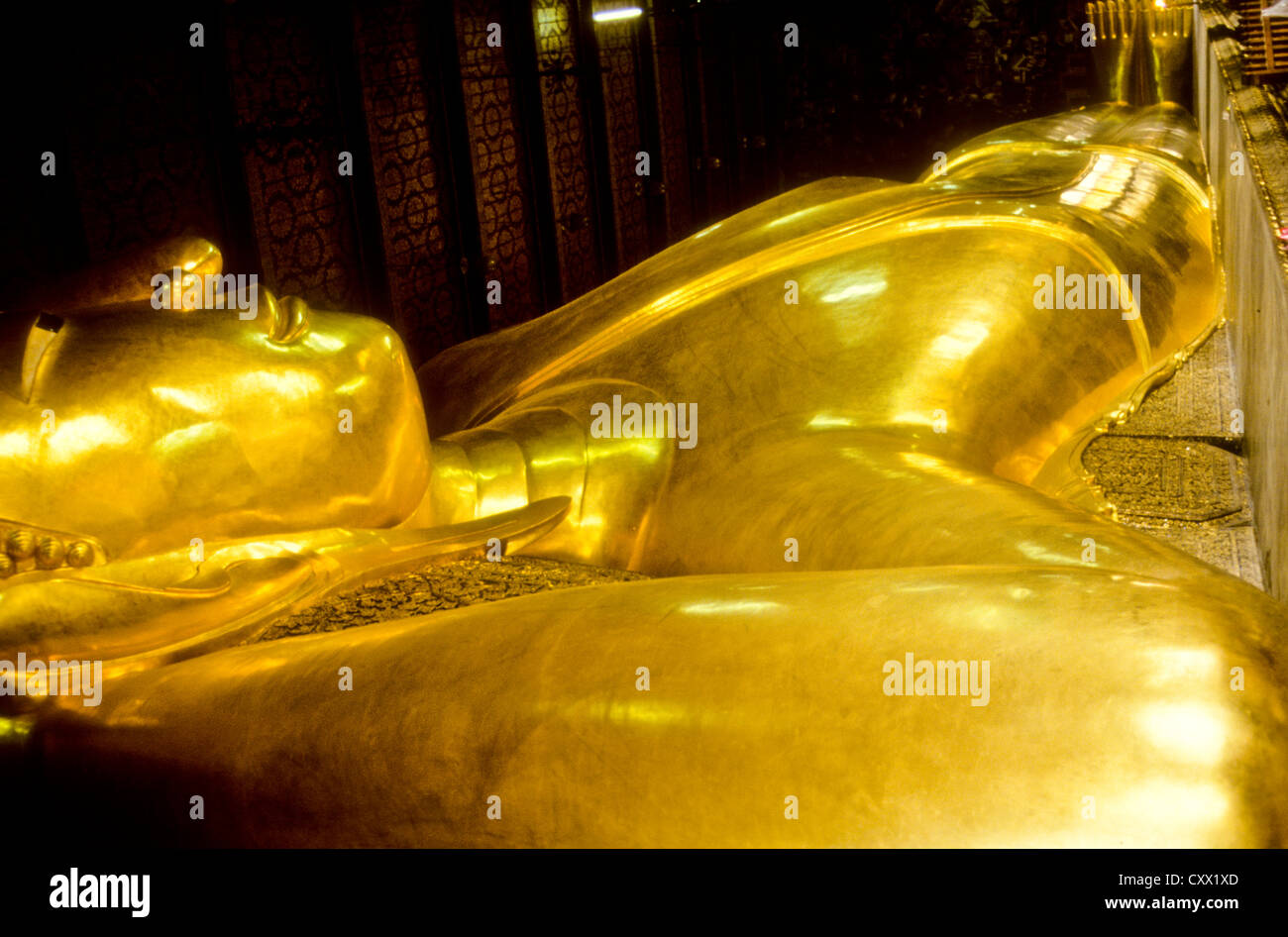 Old Bangkok July-2000 (Digital Slide Conversion) Reclining,lying down,Buddha in Wat Phoo Bangkok Temple,Thailand Stock Photo