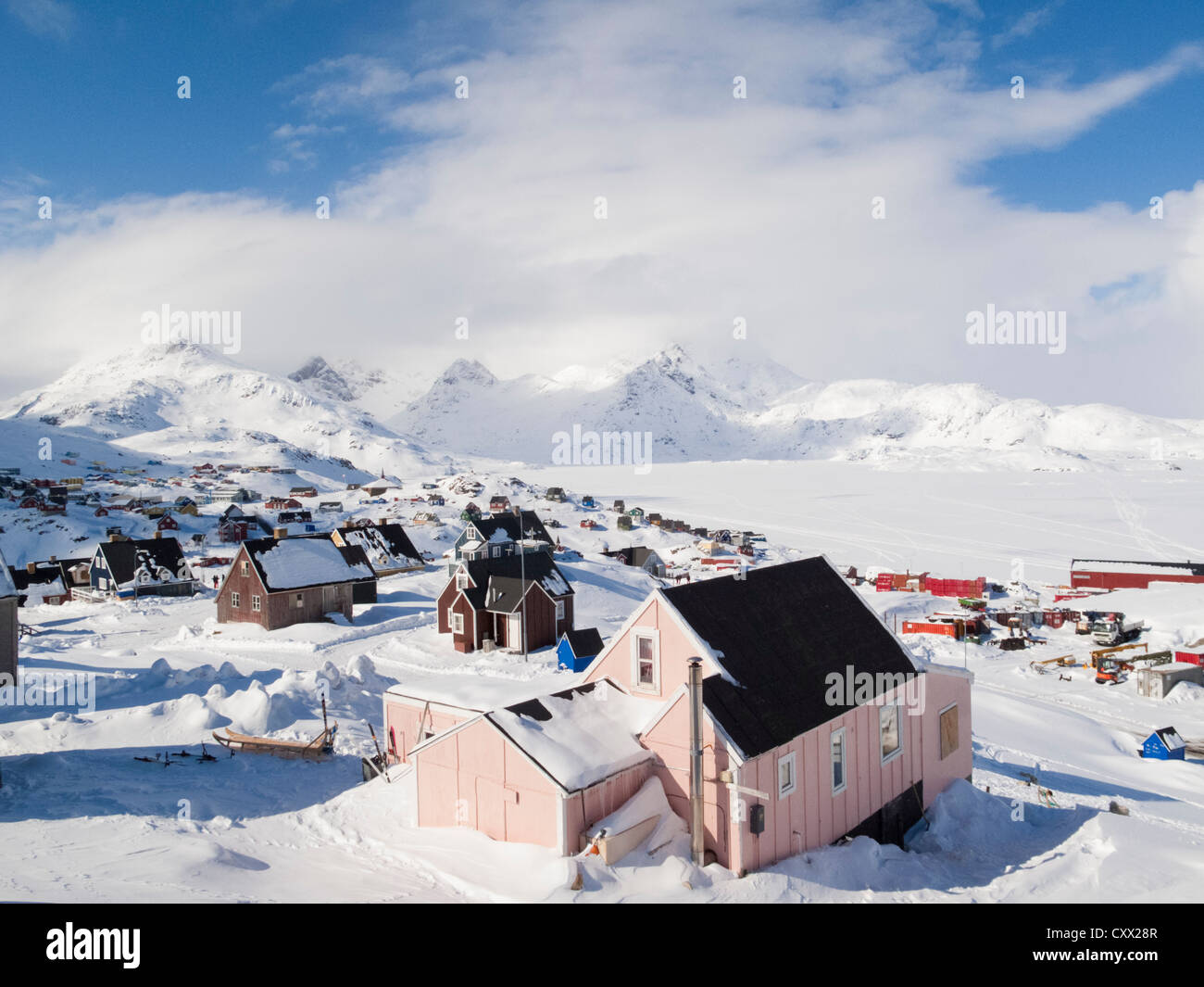 View in Tasiilaq village with Inuit homes, Greenland Stock Photo