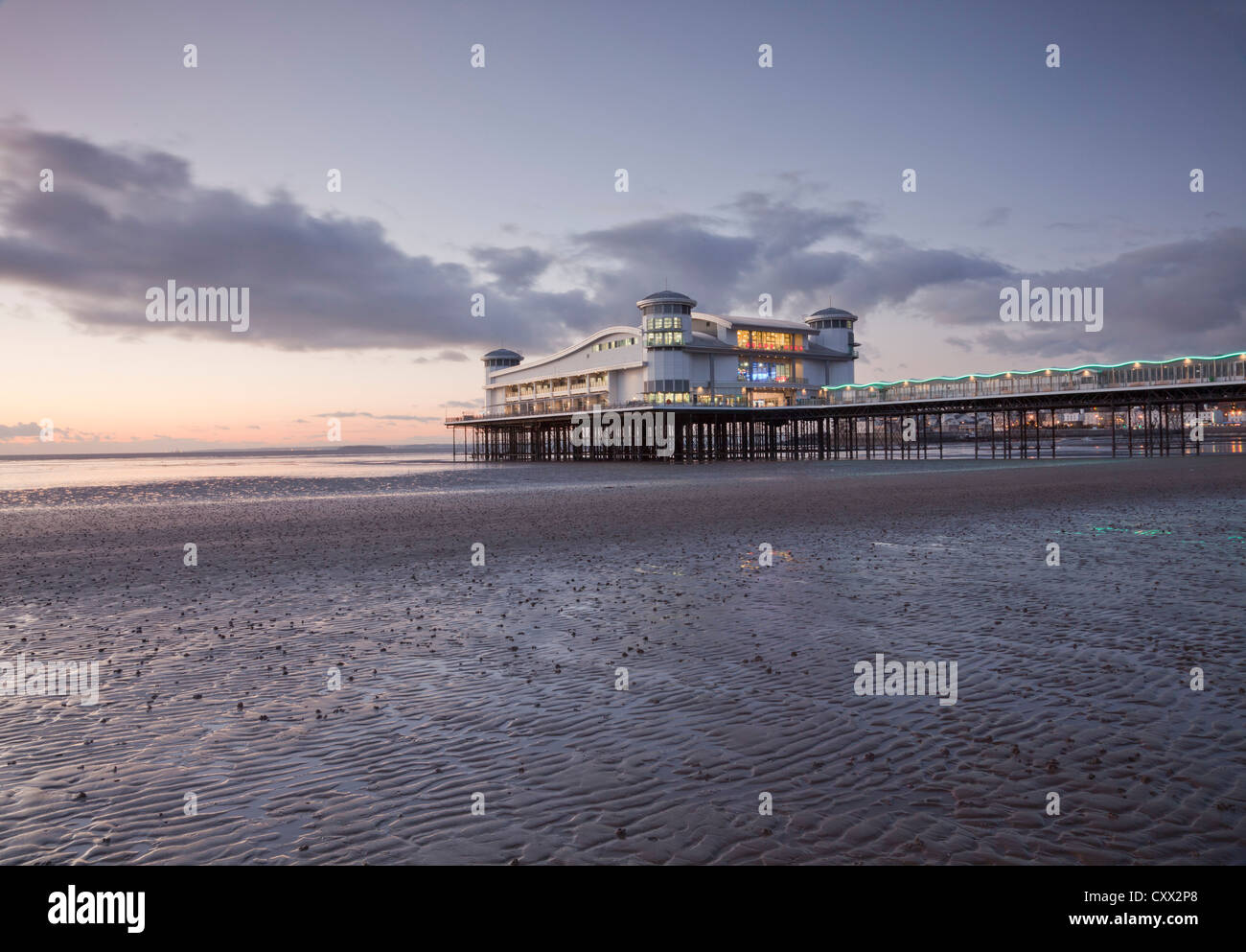 The new Grand Pier at Weston-super-Mare at sunset. Stock Photo