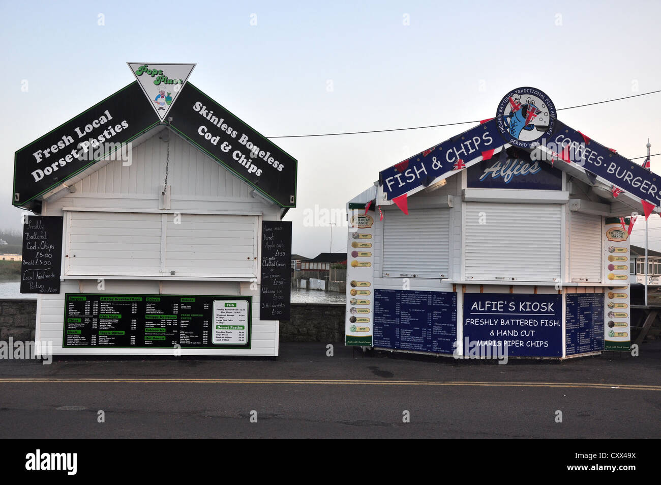 Closed up kiosks st West Bay, near Bridport, Dorset, UK. Stock Photo