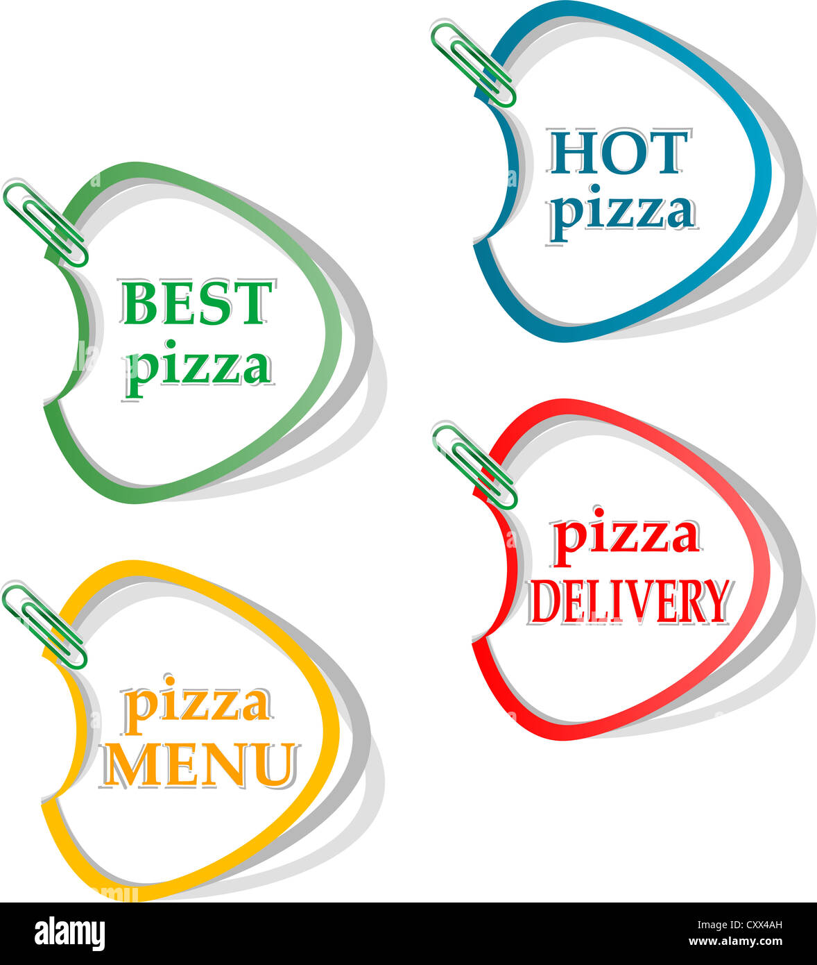 Best pizza, hot pizza, delivery stickers set, pizza delivery, pizza menu Stock Photo