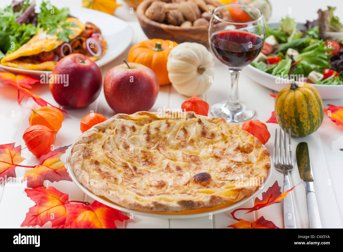 Apple pie or tart with red wine for Thanksgiving Stock Photo
