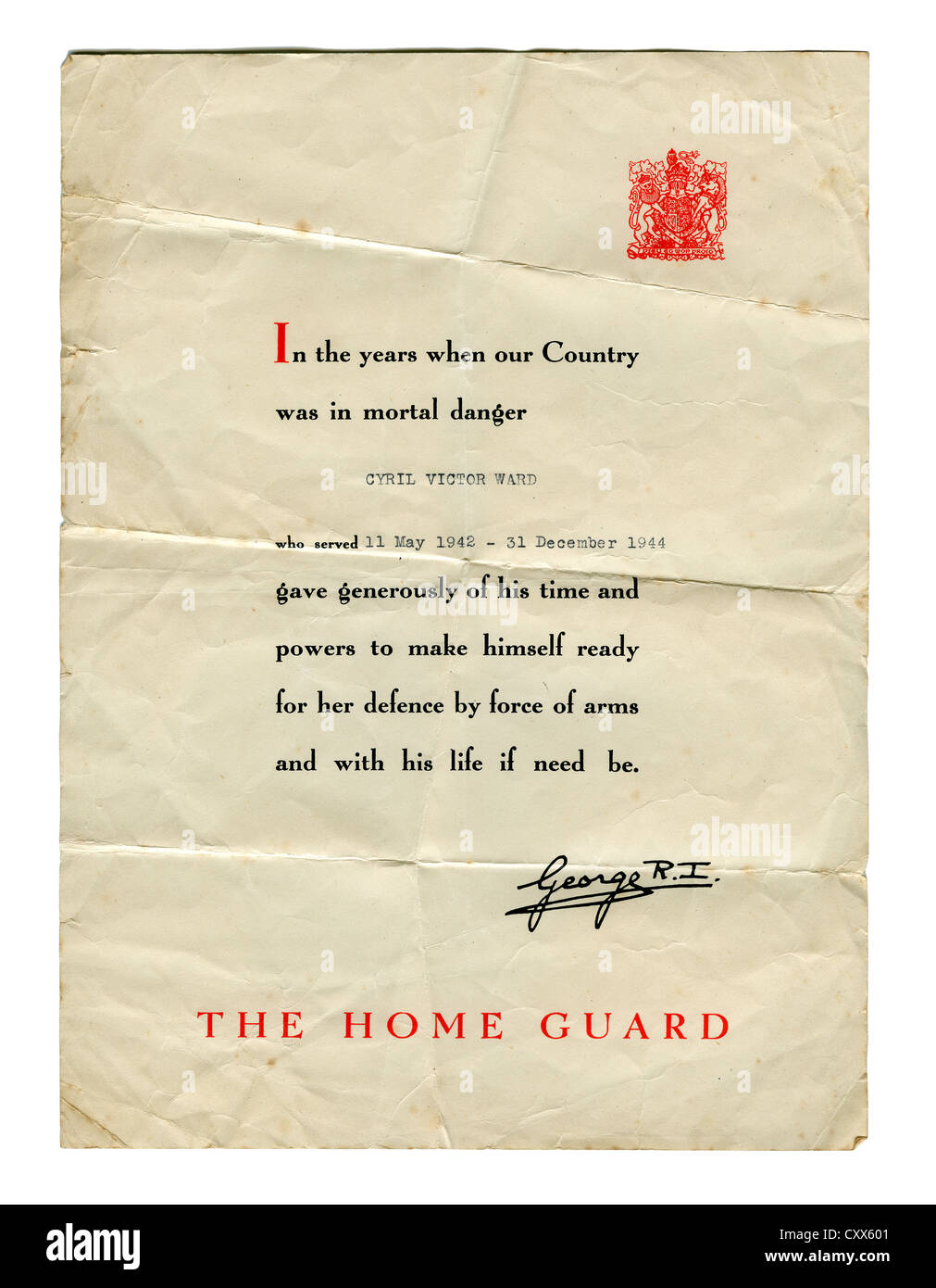 Letter acknowledging service to the Home Guard during the Second World War, from King George V Stock Photo