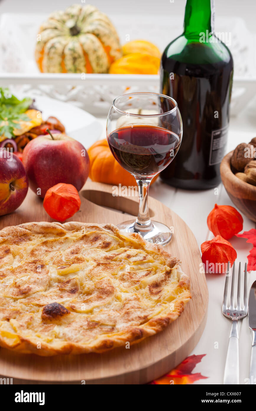 Apple pie or tart with red wine for Thanksgiving Stock Photo