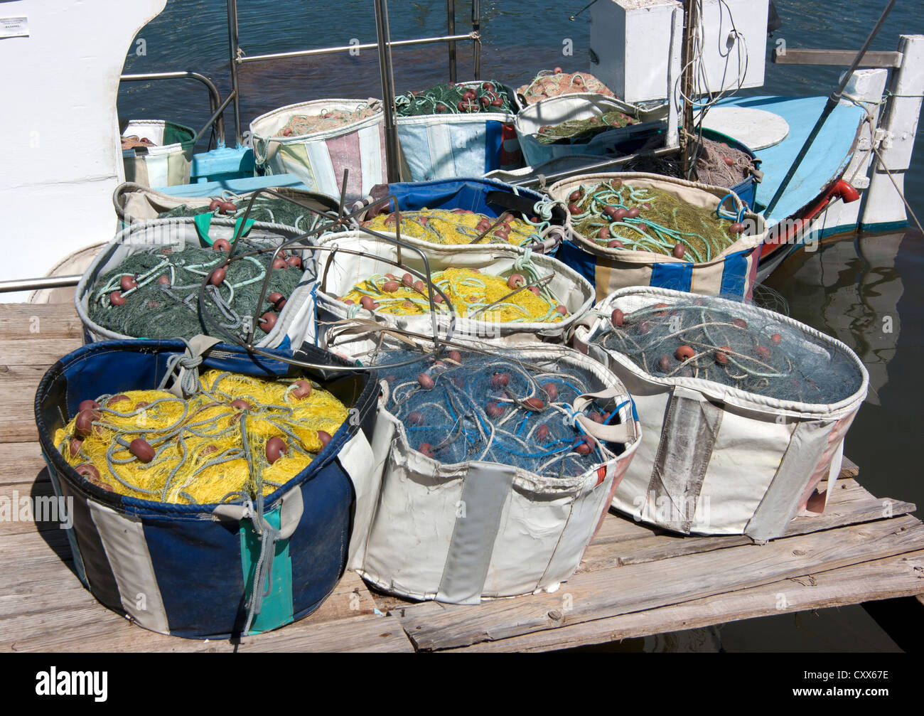 Nets in baskets on Fishing boat on the Liopetri river at Potamos, Cyprus Stock Photo