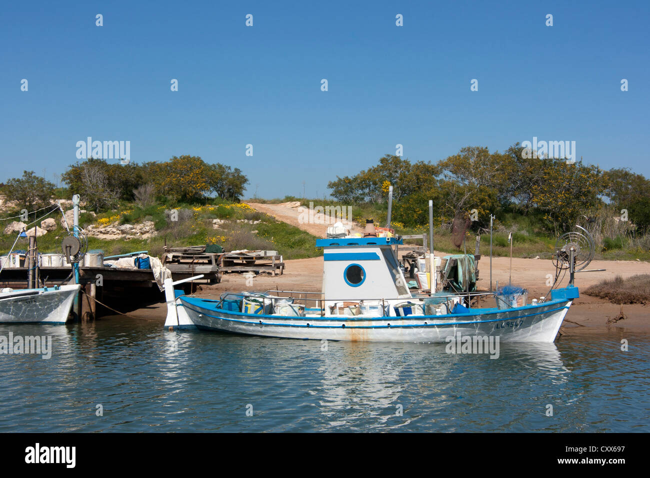 Fishing boat on the Liopetri river at Potamos, Cyprus Stock Photo