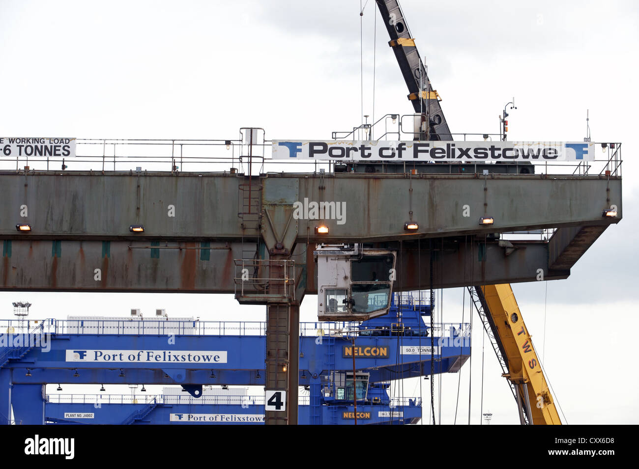 Gantry cranes at the North rail freight terminal undergoing maintenance, Port of Felixstowe, UK. Stock Photo