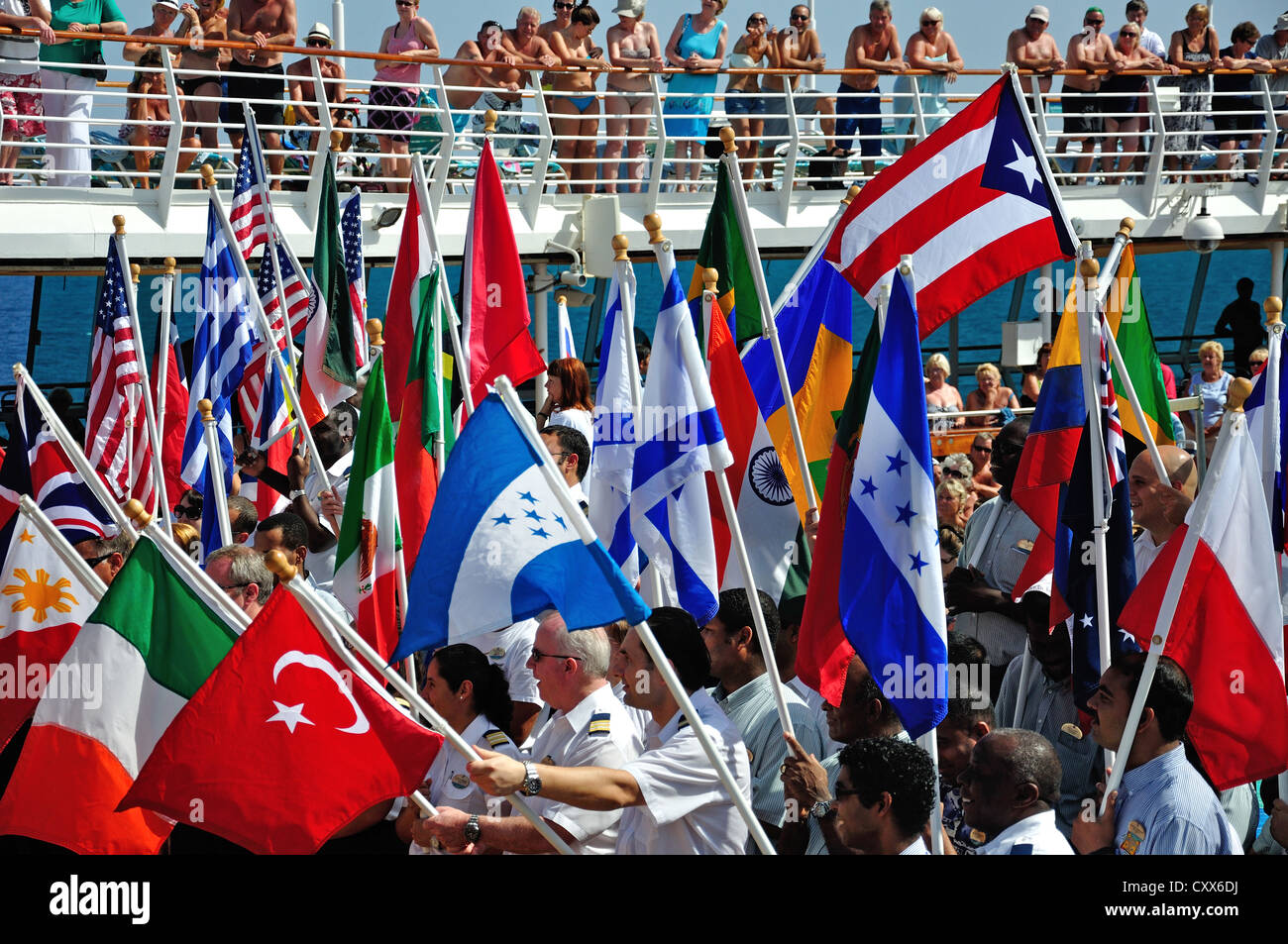 International staff procession on board Royal Caribbean 'Grandeur of the Seas' cruise ship, Adriatic Sea, Mediterranean, Europe Stock Photo