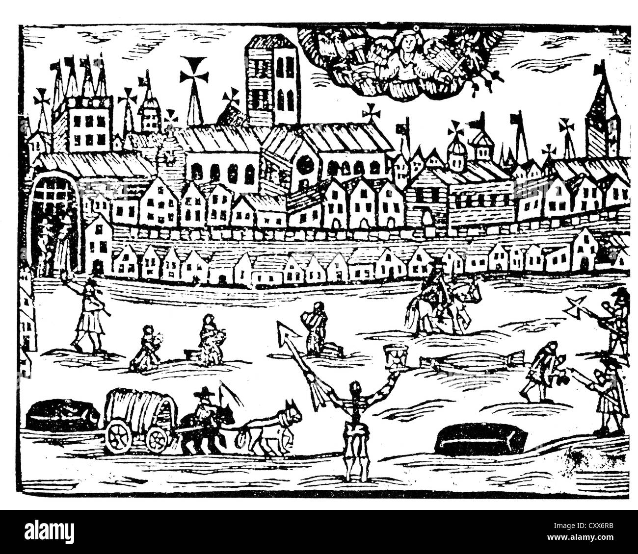 GREAT PLAGUE OF LONDON (1665-1666) Contemporary woodcut - people fleeing the city, corpses being taken away and women praying Stock Photo
