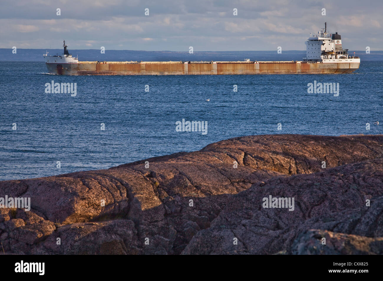 The Kaministiqua bulk Carrier, property of Lower Lake Towing, is seen sailing on the St. Lawrence river Stock Photo