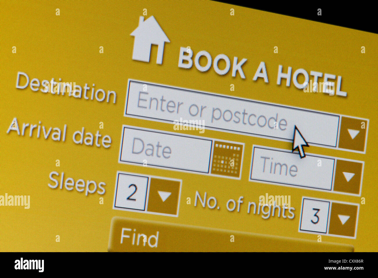 Close up of a fictional website inviting users to book a hotel after entering some search details. Stock Photo