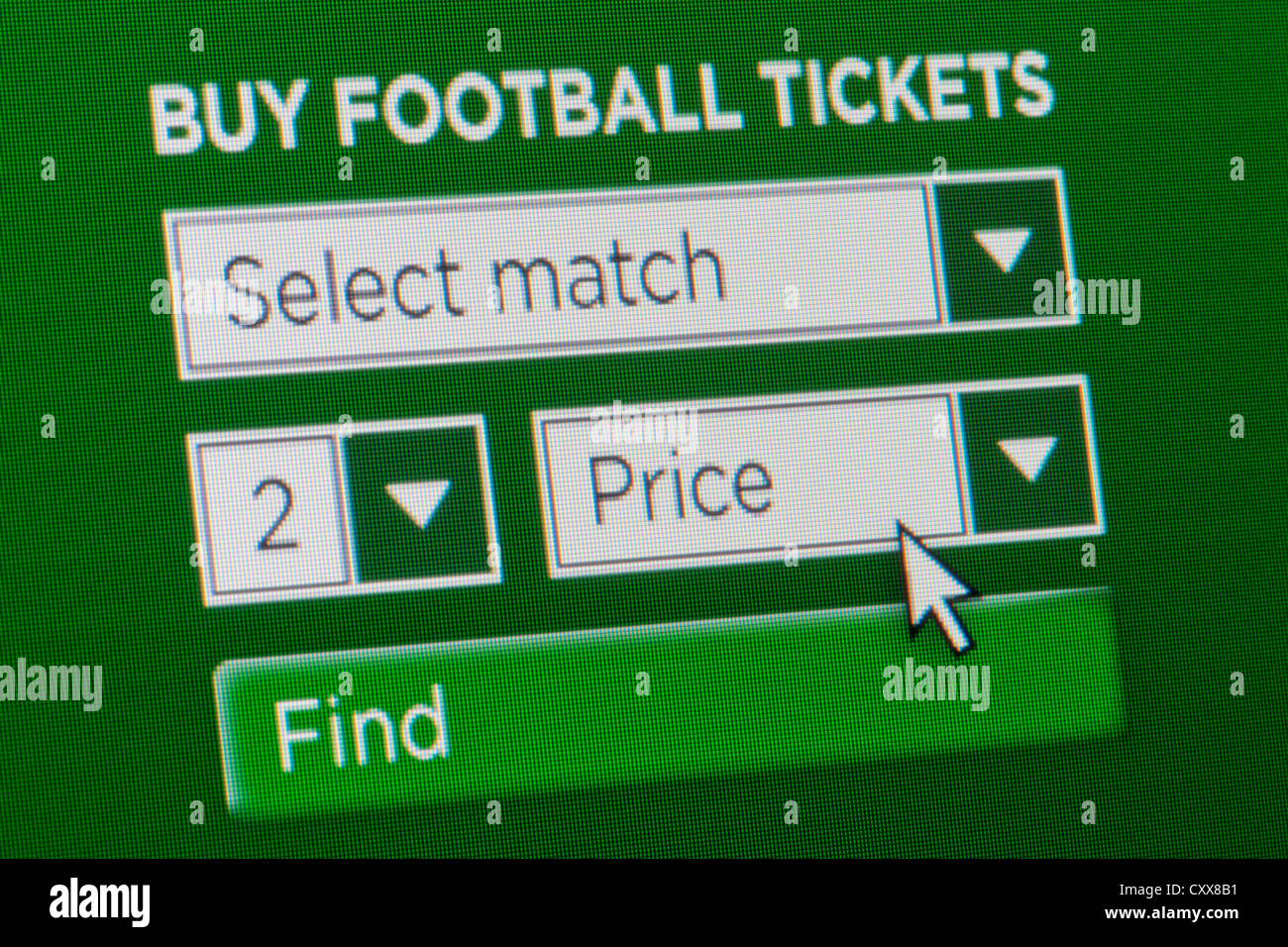 Close up of a fictional website inviting users buy football match tickets after entering details. Stock Photo