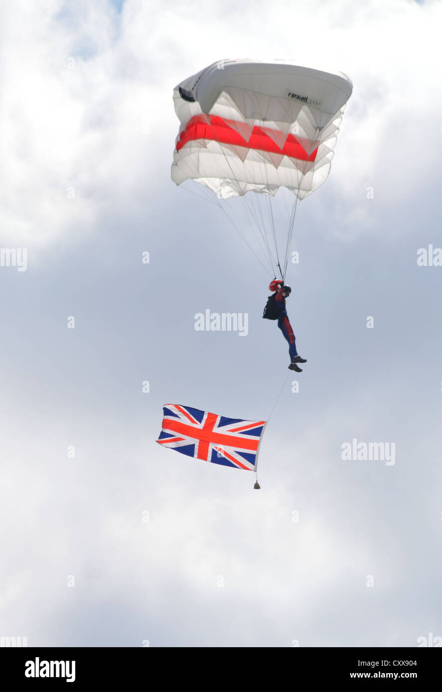 Skydiver with the British flag. Stock Photo