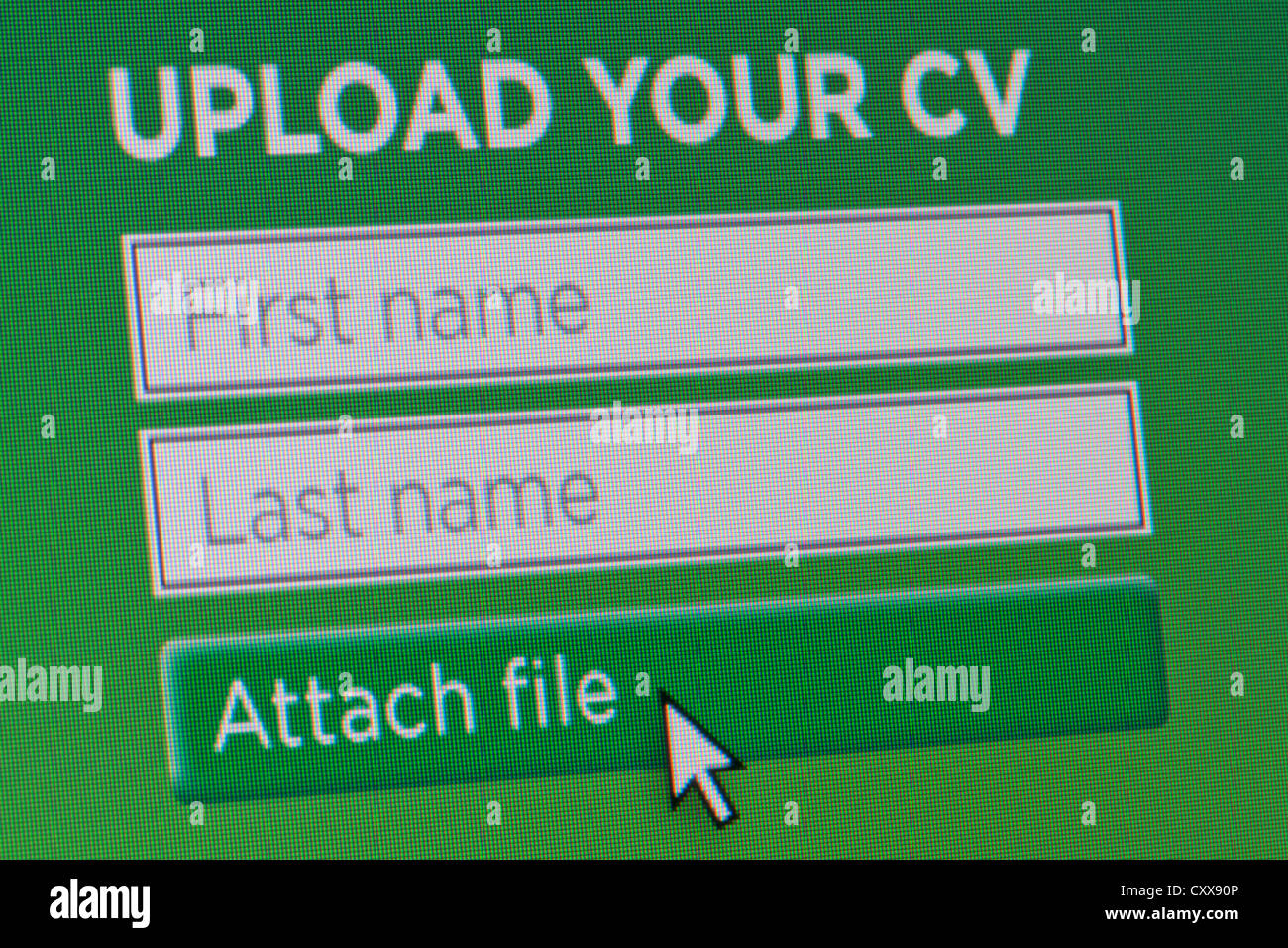 Close up of a fictional website inviting users to upload their CV and enter their contact details. Stock Photo