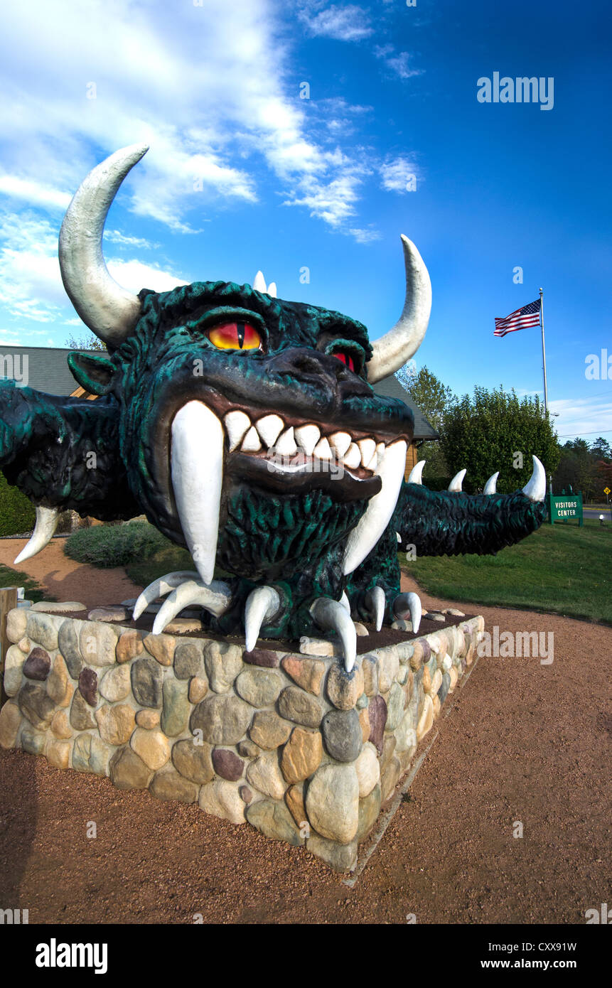 A statue of the Hodag, a mythical creature, in front of the Chamber of Commerce building in  Rhinelander, Wisconsin Stock Photo