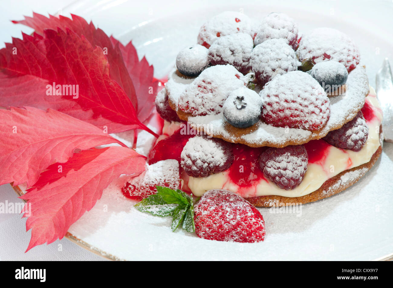 Freshly made strawberry and blueberry shortcake with confectioner's custard, cream and icing sugar frosting Stock Photo