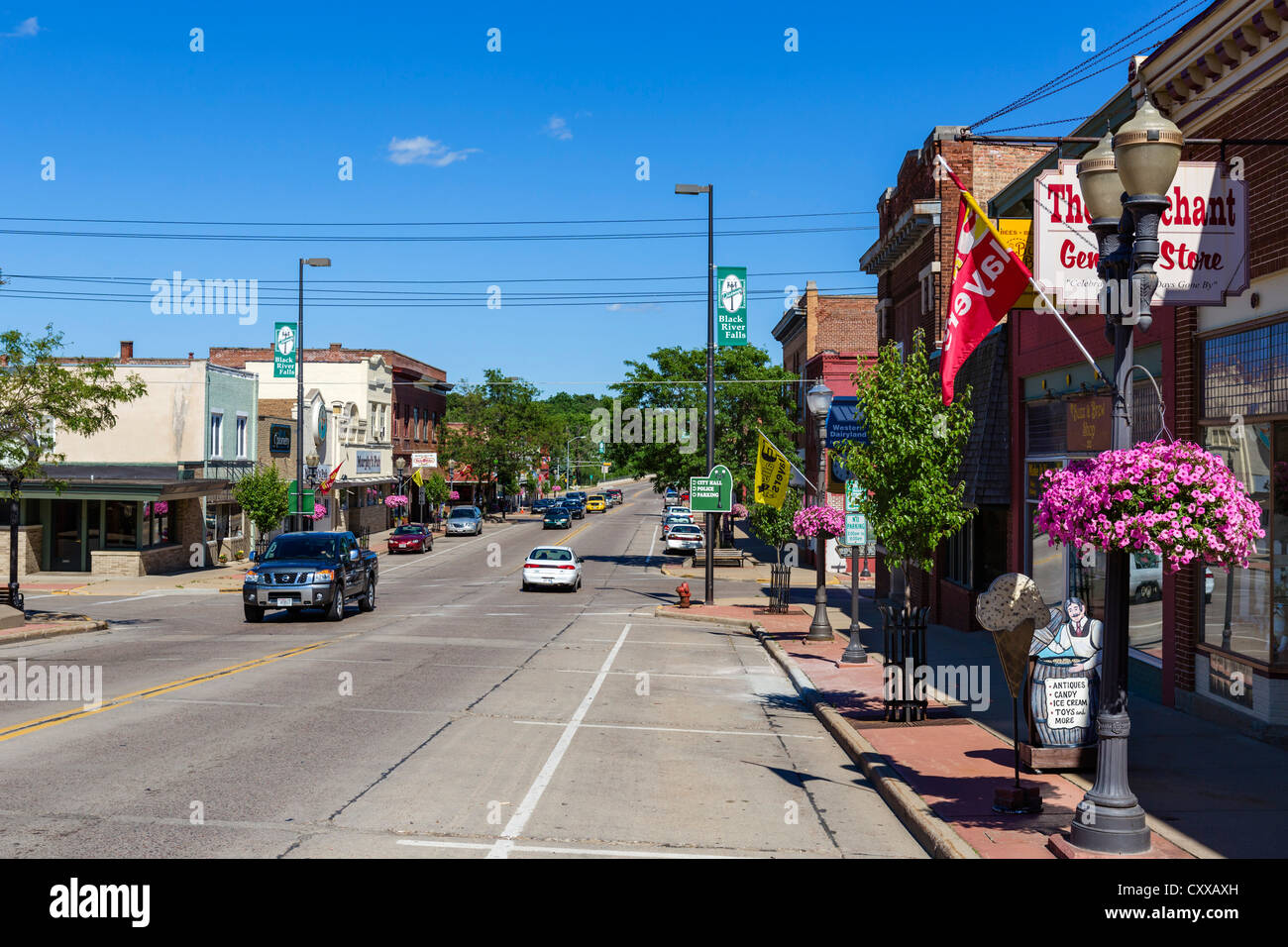 Traditional Main Street in a small US town, Black River Falls, Wisconsin, USA Stock Photo