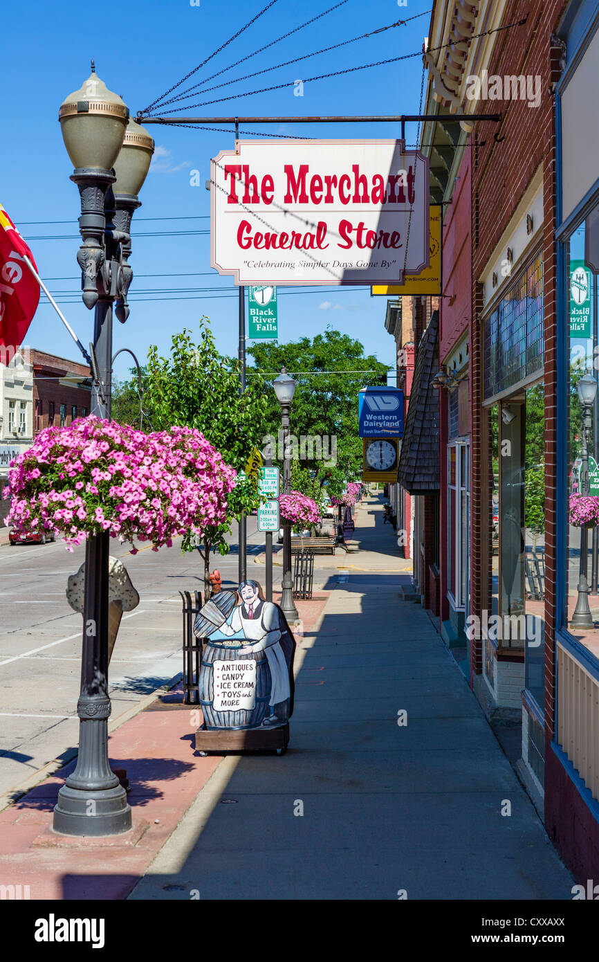 Traditional Main Street in a small US town, Black River Falls, Wisconsin, USA Stock Photo