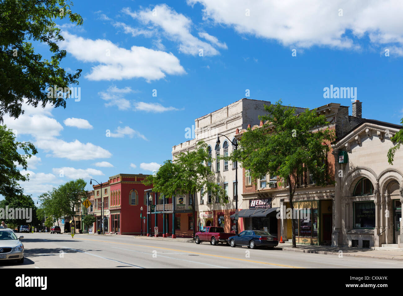 Traditional Main Street in a small US town, Jefferson, Wisconsin, USA Stock Photo