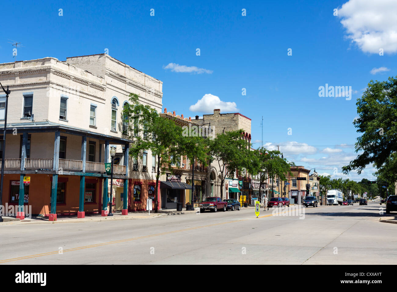 Traditional Main Street in a small US town, Jefferson, Wisconsin, USA Stock Photo