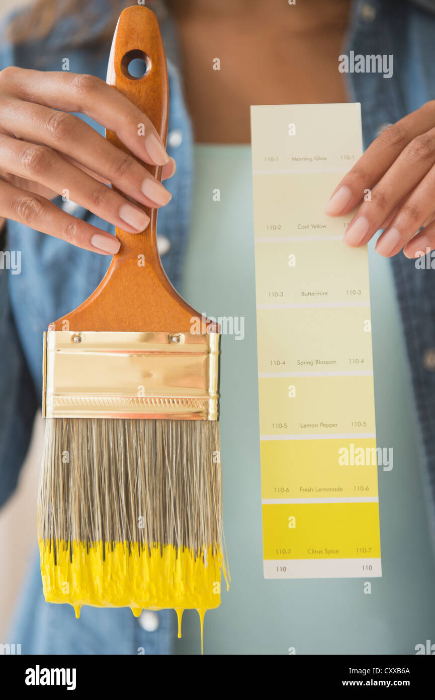 Cape Verdean woman holding color swatch and paintbrush Stock Photo