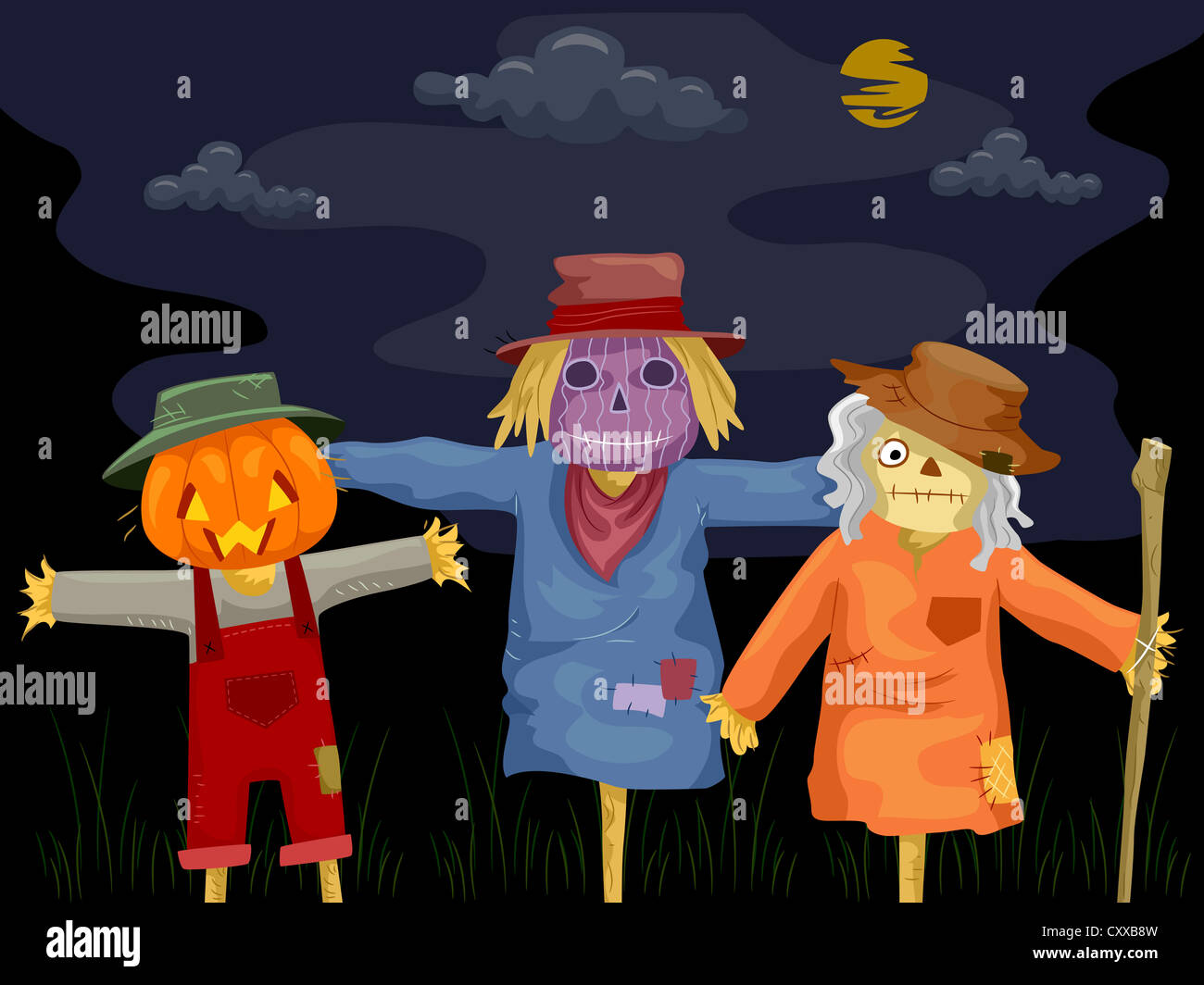 Halloween Illustration Featuring Creepy Scarecrows Stock Photo