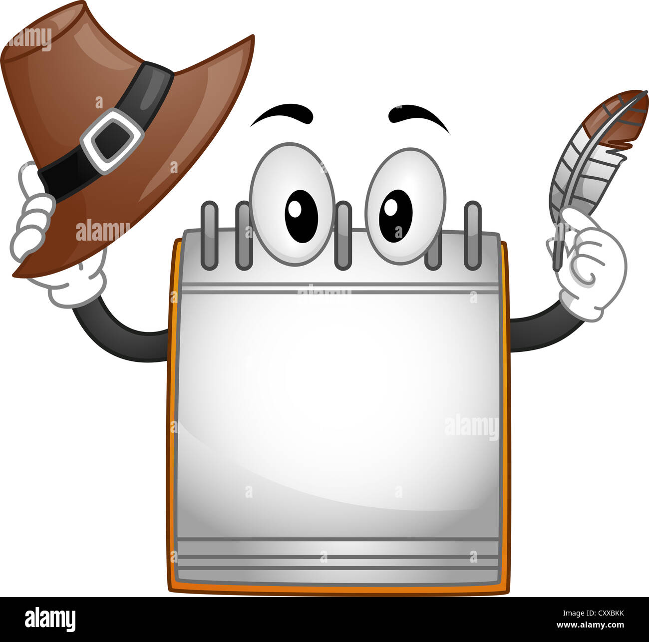 Thanksgiving Illustration Featuring a Calendar Mascot Holding a Quill Pen and a Pilgrim's Hat Stock Photo