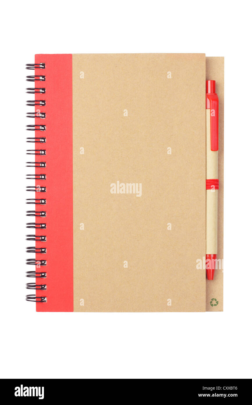 Note book and Pen Made From Recycled Materials on White Background Stock Photo