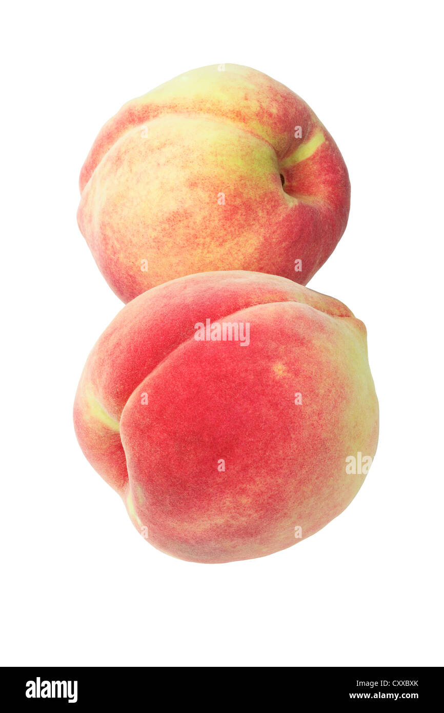 Two Fresh Peach Fruits on White Background Stock Photo