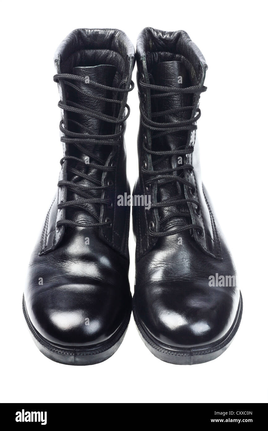 Shinning Black Leather Boots on White Background Stock Photo