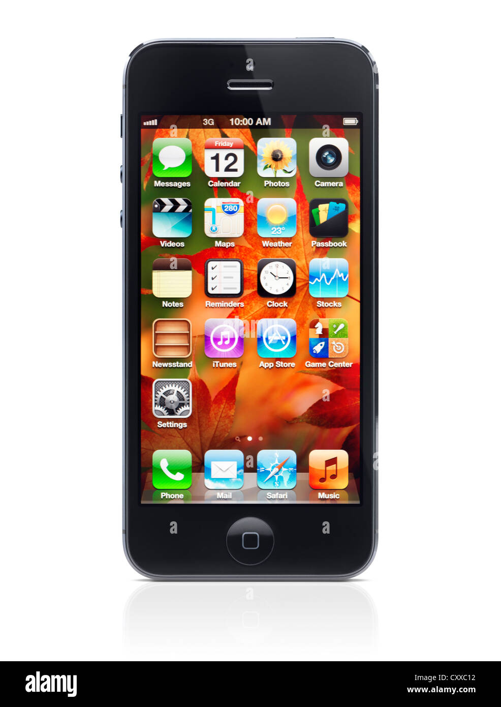 apple iphone 5 black with desktop icons over fall themed wallpaper CXXC12