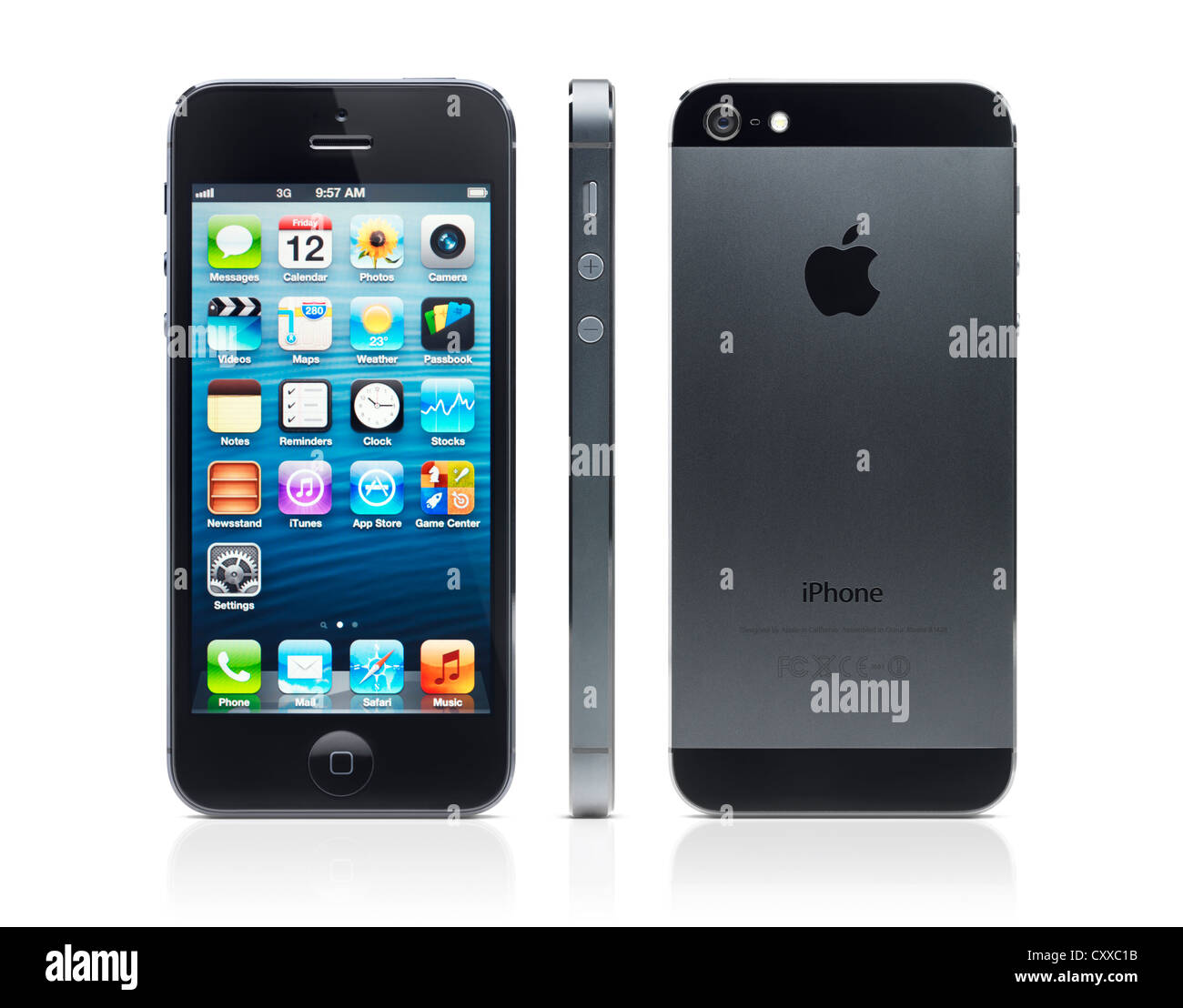 Apple iPhone 5 black with desktop icons on its display side and rear views isolated on white background with clipping path Stock Photo
