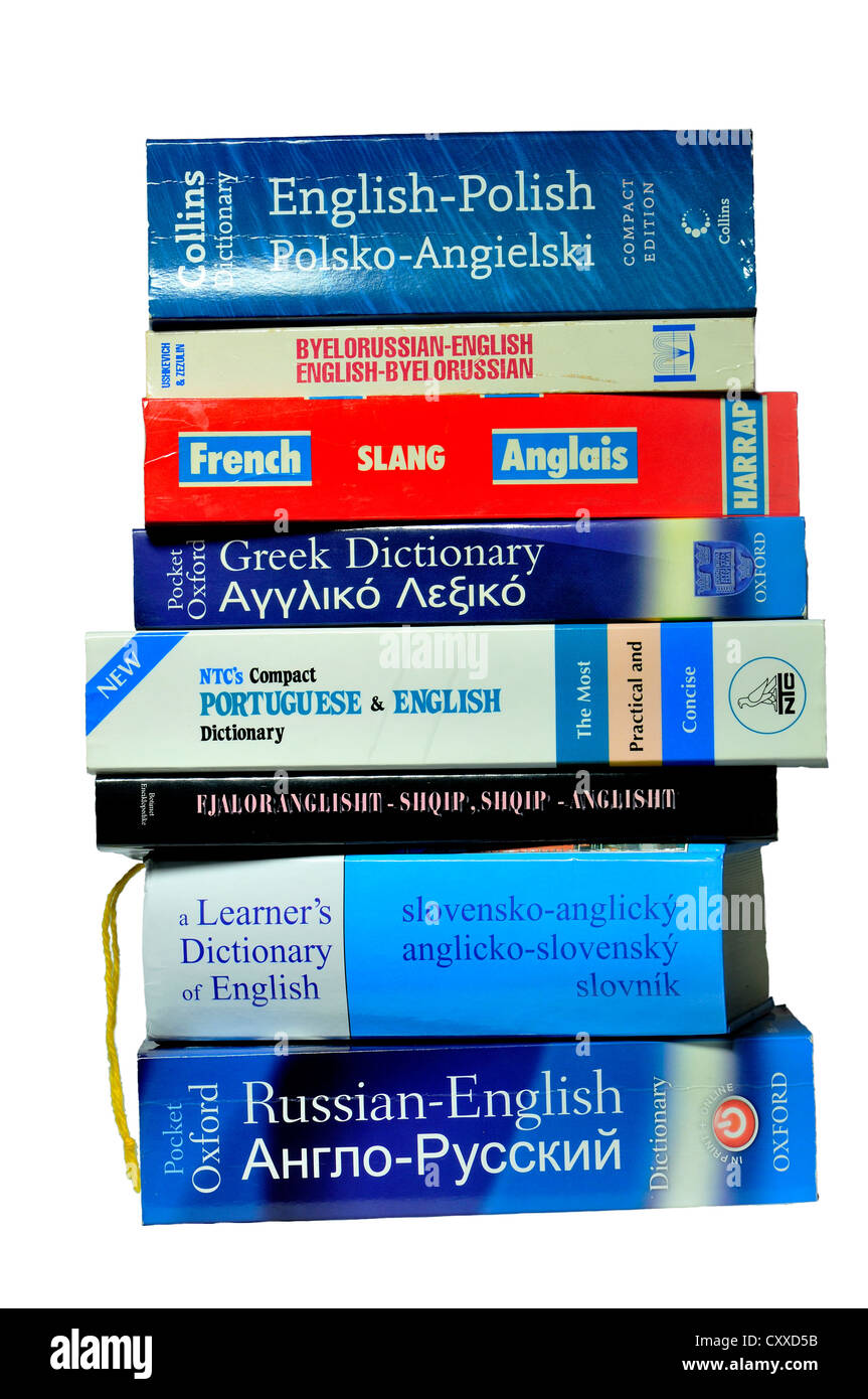 Pile of foreign dictionaries Stock Photo