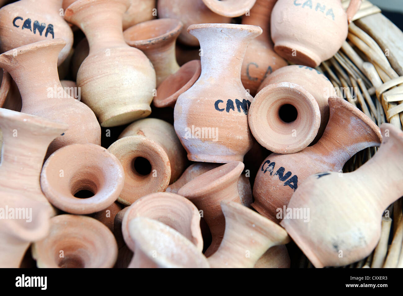 Small wine amphoras, wine jugs as a souvenir, Marriage at Cana or Wedding at Cana, Cana, Kafr Kanna, Galilee, Israel Stock Photo