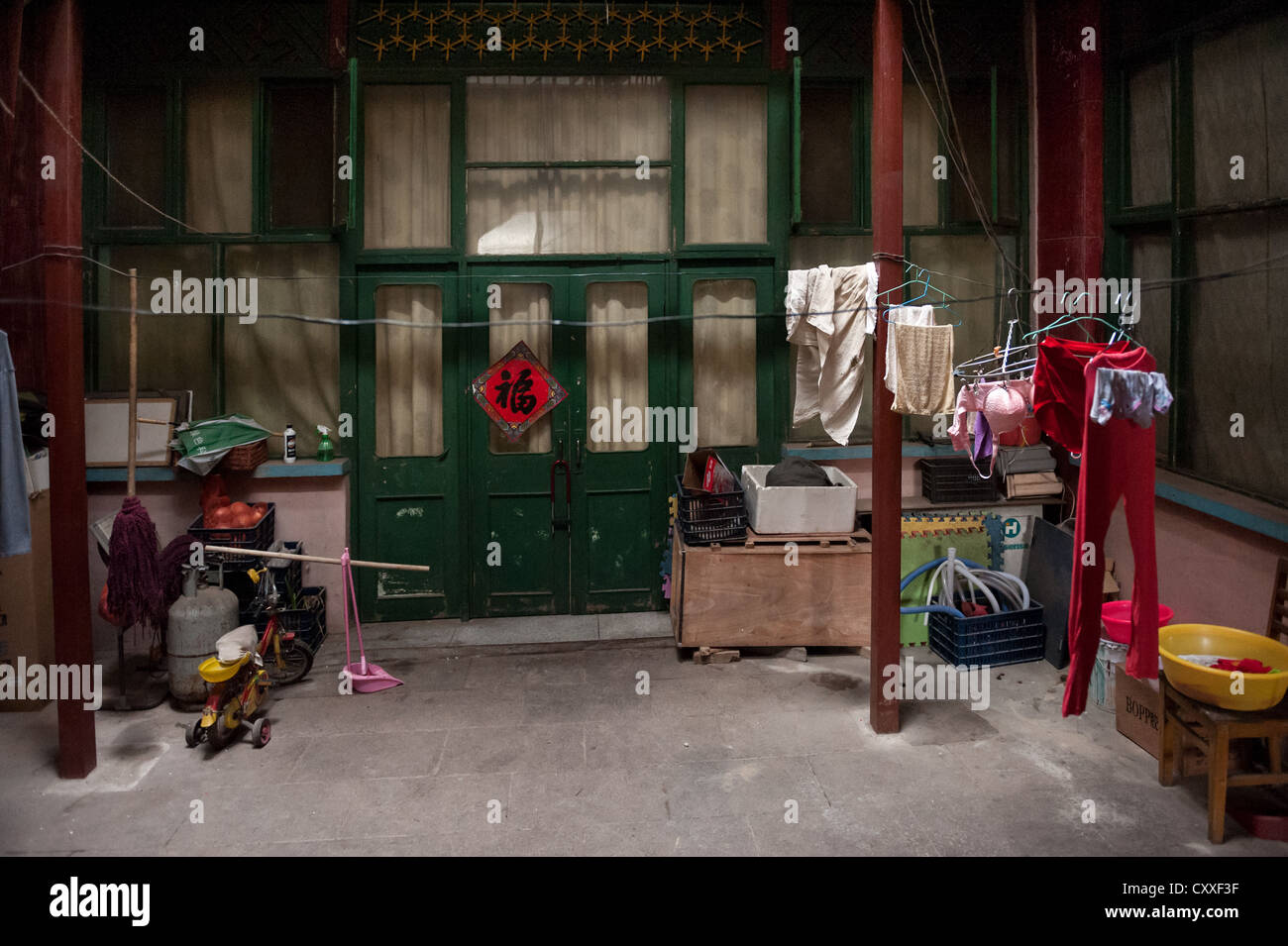 Beijing, China. Laundry drying in a small courtyard. Stock Photo