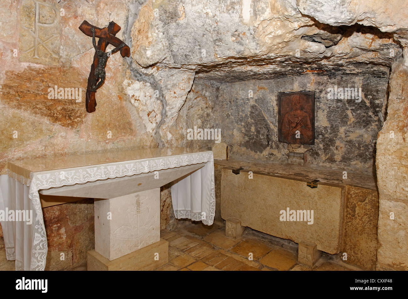 Grave of St. Jerome, crypt, grottoes under St. Catherine's Church near the Church of the Nativity, Bethlehem, West Bank, Israel Stock Photo