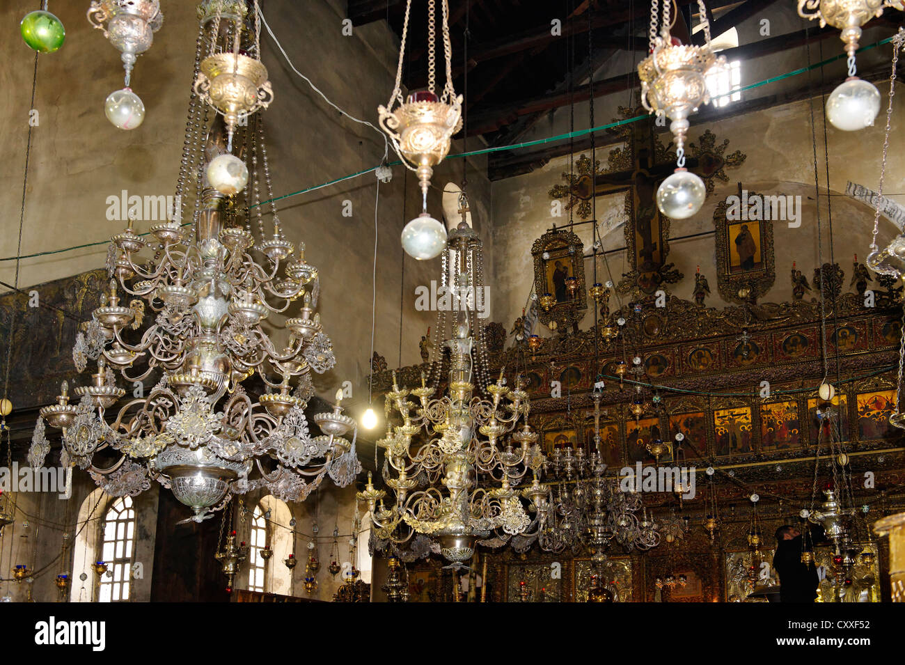 Chandeliers, Church of the Nativity, Bethlehem, West Bank, Israel, Middle East Stock Photo