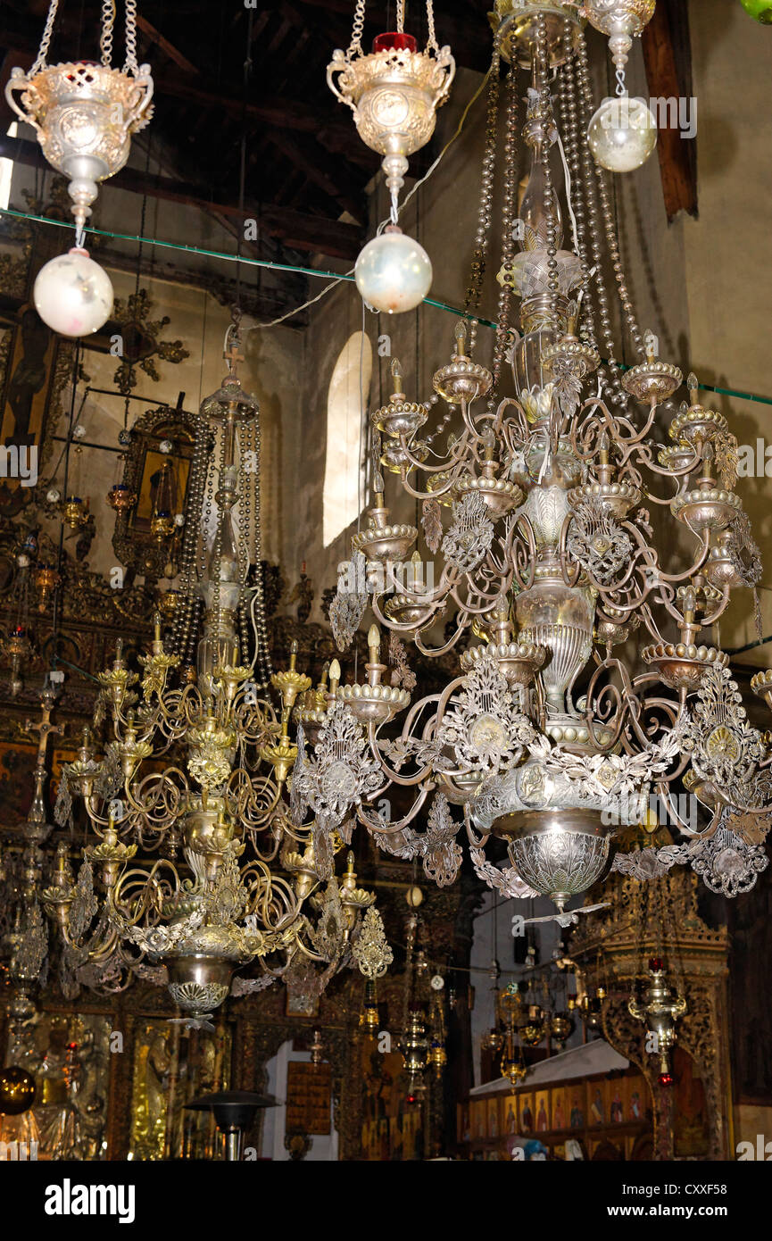 Chandeliers, Church of the Nativity, Bethlehem, West Bank, Israel, Middle East Stock Photo