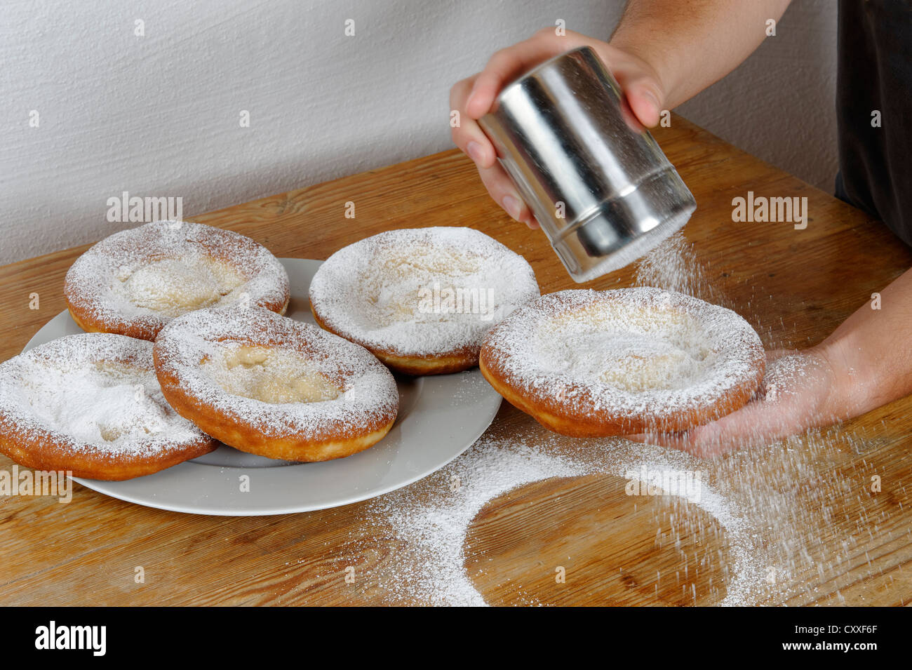 'Ausgezogne', doughnuts, fried dough confectionery, a specialty of southern Germany Stock Photo