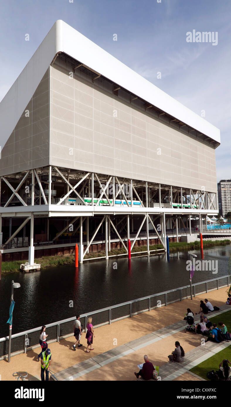 View of one of the temporary seating wings of the aquatic center in the Olympic Park, Stratford. Stock Photo