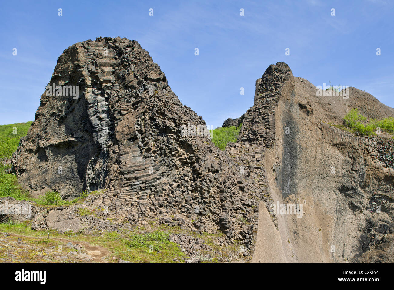 Remnants of volcanic vents made from basalt, Hljóðaklettar, Joekulsárgljúfur National Park, Iceland, Europe Stock Photo